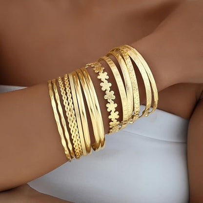 FAXHION Gold Bangle Bracelets for Women, 14 Pcs Multi Layer Stackable Bangle Set, 14K Gold Plated Textured Chunky Bracelets Boho Jewelrys Set - style: Gold B-17 pcs