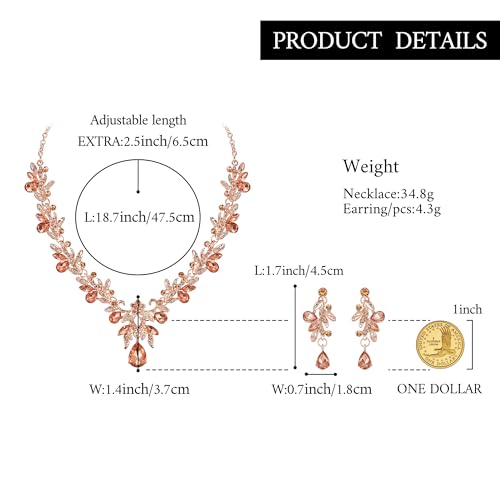 Women's Wedding Jewelry Set Leaf Flower for Bridal Prom Party | Stunning Crystal Teardrop Marquise Cluster Pendant Necklace Dangle Earrings Set for Bride Bridesmaid - color: 07-Peach Rose-Gold-Plated-Base