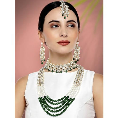 Aheli Wedding Party Wear Bridal Jewellery Choker Long Pearl Necklace Earrings Maang Tikka Indian Traditional Set Gift for Women - color: Green