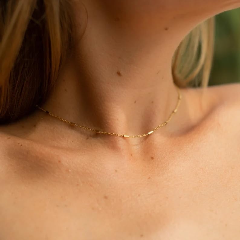 Dainty Choker Necklace for Women 18K Gold Plated Shining Dots Box Chain Sparkle Necklaces Cute Paperclip Link Herringbone Necklace Exquisite Jewelry Gifts for Mom Girlfriend - style: Bar GD