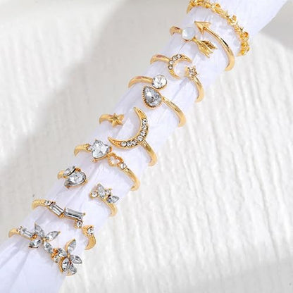 HUASAI Gold Stackable Rings Set for Women Boho Dainty Moon Star Pearl Leaf Cubic Zirconia Heart Midi Pinky Trendy Jewelry Birthday Gifts - color: E Gold Rings 9 Pcs