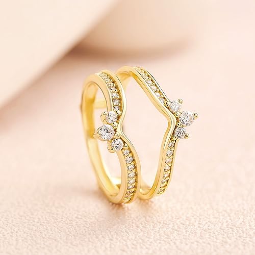 SHELOVES Crown Wedding Ring Guard Enhancers Round Cubic Zirconia Stackable Rings Wrap for Women White Gold Plated - color: Yellow Gold