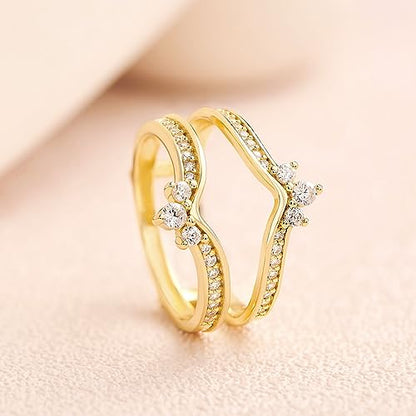 SHELOVES Crown Wedding Ring Guard Enhancers Round Cubic Zirconia Stackable Rings Wrap for Women White Gold Plated - color: Yellow Gold