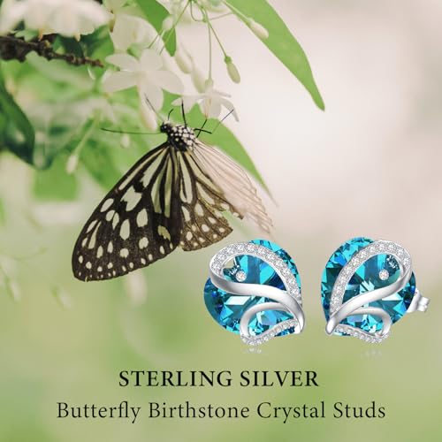 Butterfly Heart Birthstone Crystal Stud Earrings for Women S925 Sterling Silver Heart Birthstone Studs Birthday Gifts for Wife Mother Daughter Girlfriend Mom - color: 12-December