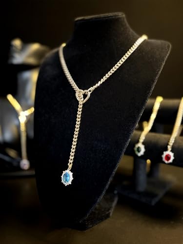 Women's Heart O-Ring Slip Chain Necklace, Double Layered Adjustable 39'' Cuban Chain with Detachable Heart Clasp and Colorful Rhinestone Pendant - color: 25'' Gold-Ocean Blue