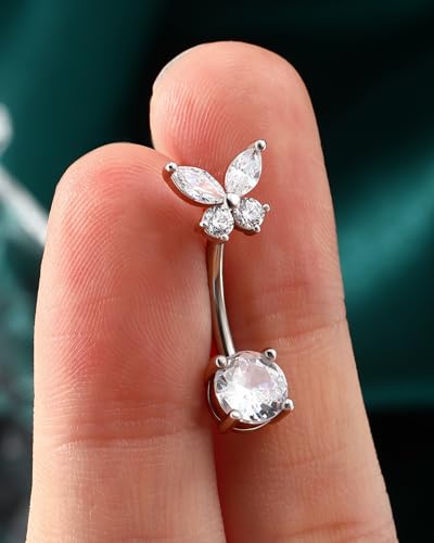 COCHARM 14G Butterfly Belly Button Rings Stud Silver Belly Navel Rings for Women Clear Belly Piercing Jewelry Stainless Steel