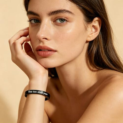This Too Shall Pass But F*cking Hell Mantra Cuff Bracelets, Stainless Steel Inspirational Cuff Bracelets with Hidden Message Engraved Bracelet Open Adjustable Self-Reminder Bangle Motivational Jewelry for Women - color: Black