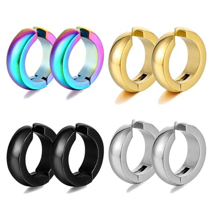 SIISPRI Stainless Steel Mens Womens Clip On Earrings Hoop Huggie Non-Piercing - color: 4-Color Set