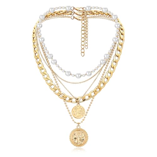 MJartoria Layered Necklaces for Women Trendy Retro Coin Pendant | Dainty Chunky Chain, Choker Necklaces, Jewelry Birthday Gifts - color: Golden, style: Pearl-3PCS