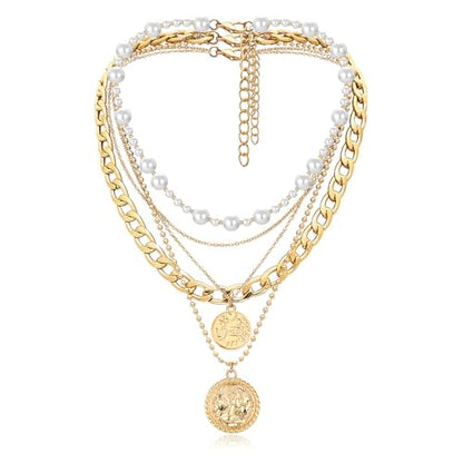 MJartoria Layered Necklaces for Women Trendy Retro Coin Pendant | Dainty Chunky Chain, Choker Necklaces, Jewelry Birthday Gifts - color: Golden, style: Pearl-3PCS