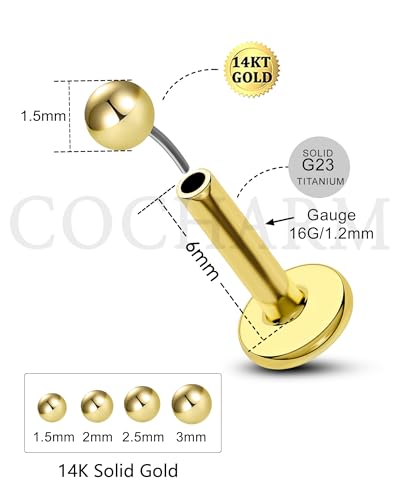 COCHARM 14K Solid Gold Helix Cartilage Tragus Earring Stud 16g Yellow Gold Threadless Tragus Cartilage Helix Conch Piercing Jewelry Flat Back Lip Labret Medusa Monroe Piercing Stud - color: 1.5mm Top, size: 6mm Length