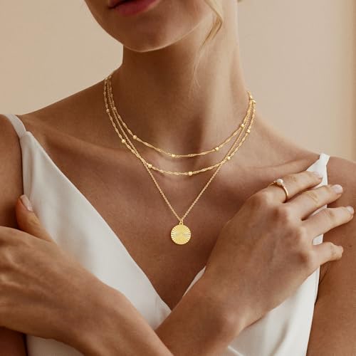 MFRYK Gold Necklaces for Women,14K Gold/Silver Plated Choker Layered Necklace Dainty Pearl Disc Cross Circle Heart Pendant Chain Stackable Necklaces, Multilayer Jewelry Set Gifts for Women - style: 3Layered Preal Beads Disc-GD