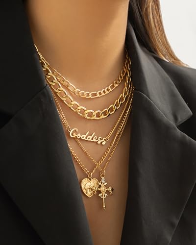 Gold Layered Necklaces for Women Chunky Layered Gold Necklaces Stacked Paperclip Chain Pearl Necklace Herringbone Toggle Clasp Choker Trendy Statement Jewelry Gifts - color: B1:gold layered necklaces