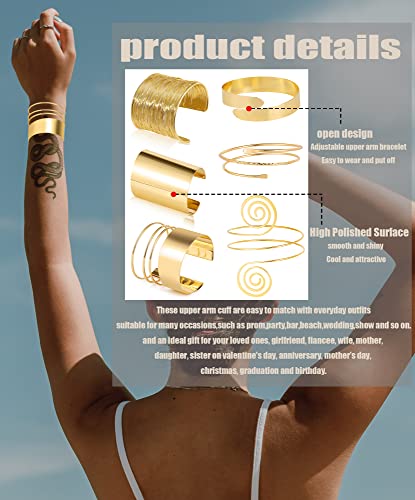 BOMAIL 6 Pieces Gold Upper Arm Cuff Band Bracelet Set | Minimalist Simple Swirl, Open Wide Wire, Adjustable,Women Bangle Bracelets,Versatile Summer Party Jewelry