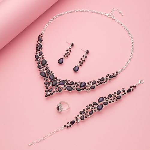 Paxuan Crystal Bridal Wedding Jewelry Sets for Women Rhinestone Teardrop Crystal Statement Choker Necklace Drop Earrings Link Bracelets Rings Teardrop Jewelry Set for Brides Bridesmaids - color: Silver Plated Purple Crystal