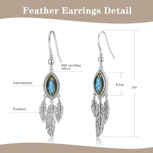AVECON Turquoise Dangle Earrings for Women, Sterling Silver Feather Jewelry | Genuine Western Marquise Boho Pierced, Native American Jewelry with Hook and Leaf, for Cowgirl & Cowboy - color: Labradorite