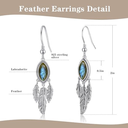 AVECON Turquoise Dangle Earrings for Women, Sterling Silver Feather Jewelry | Genuine Western Marquise Boho Pierced, Native American Jewelry with Hook and Leaf, for Cowgirl & Cowboy - color: Labradorite
