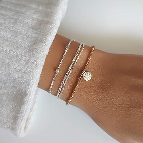 Stacking Bracelet Silver, Minimalist Simple Gourmet Satellite Rectangles Lace Heart Chain Bracelets, 925 Sterling Arm Jewelry for Women, Length 6.5-7.5 Inches - style: Cube Satellite Chain