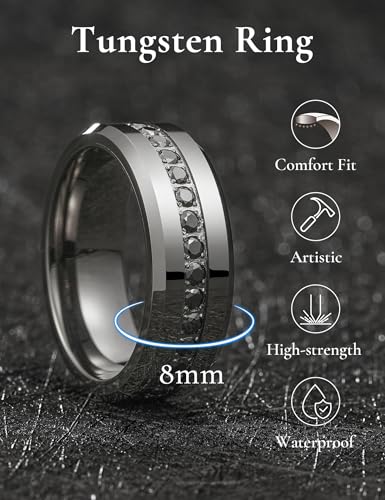 King Will 8mm Tungsten Carbide Rings for Men Cubic Zircon Stones Inlay - color: Gunmetal-Black Gemstones 8mm
