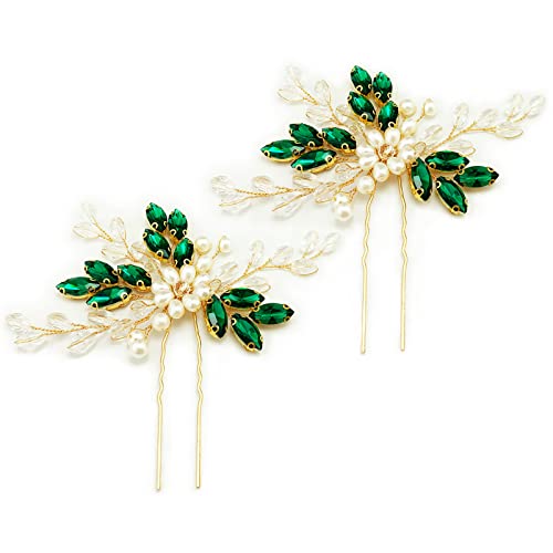 Bridal Emerald Green Crystal Gold Hair Pins Accessories for Prom, Pack of 2 | Fancy Wedding Pearl Green Rhinestone Flower Hair Pieces for Women and Girls