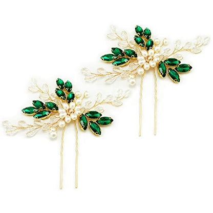 Bridal Emerald Green Crystal Gold Hair Pins Accessories for Prom, Pack of 2 | Fancy Wedding Pearl Green Rhinestone Flower Hair Pieces for Women and Girls