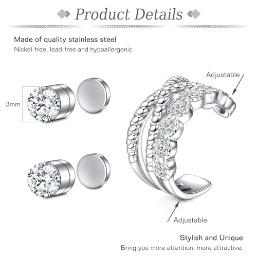 JFORYOU Stainless Steel Ear Cuff Fake Helix Cartilage Clip On Wrap Earrings Fake Lip Ring Non-Piercing Adjustable Men Women - color: Style A-Silver color 2