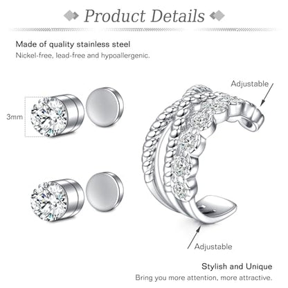 JFORYOU Stainless Steel Ear Cuff Fake Helix Cartilage Clip On Wrap Earrings Fake Lip Ring Non-Piercing Adjustable Men Women - color: Style A-Silver color 2