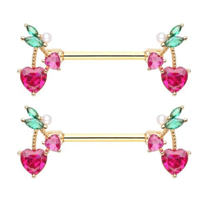 Pierced Owl 14GA Stainless Steel CZ Crystal Cherry Ends Nipple Barbells, Sold as a Pair - style: Gold Tone