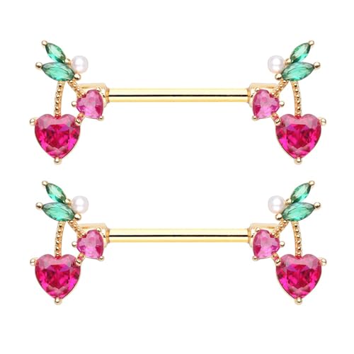 Pierced Owl 14GA Stainless Steel CZ Crystal Cherry Ends Nipple Barbells, Sold as a Pair - style: Gold Tone