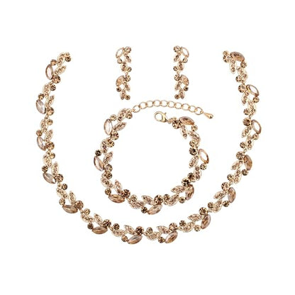 QLLYHLH Woman’s Brides Bridesmaid Leaf Choker Necklace Dangle Earrings Link Bracelet Austrian Crystal Wedding Jewelry Set Prom Costume Party Events | Brides, Bridesmaid, Prom, Events, Costume Party, Leaf - color: Champagne-Gold Plated
