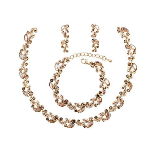 QLLYHLH Woman’s Brides Bridesmaid Leaf Choker Necklace Dangle Earrings Link Bracelet Austrian Crystal Wedding Jewelry Set Prom Costume Party Events | Brides, Bridesmaid, Prom, Events, Costume Party, Leaf - color: Champagne-Gold Plated