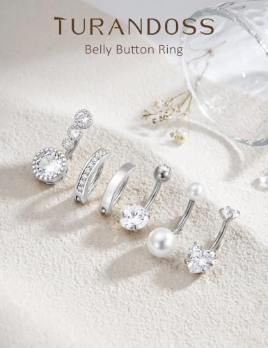 Hypoallergenic Belly Button Ring for Women | 14G, Stainless Steel, Gold Heart CZ Beaded Ball Pearl Belly Ring Stack, Curved Navel Belly Button Piercing Body Jewelry, 9PCS - color: 6PCS-Silver Plated