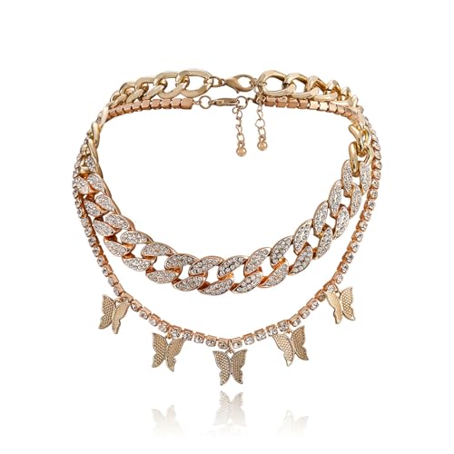 2Pcs Layered Hip Hop Shiny Rhinestone Bead Chunky Chain Butterfly Pendant Necklace Punk Crystal Cuban Link Chain Choker Collar Necklace for Women Party Birthday BarJewelry Gift - color: G gold-3