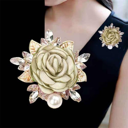 Rose Flower Brooch for Women Large Flower Brooch Elegant Pearl Brooches Handmade Crystal Pearl Pins Fabric Floral Lapel Pin Christmas Valentine's Day Dress Suit Accessories - color: green