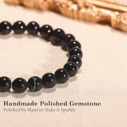 Agate Round Beaded Bracelet for Women Men Natural Agates Stone Healing Bracelets Stretch Elastic Handmade Polished Gemstone Beads Bracelet - color: Black White, size: 8mm Beads