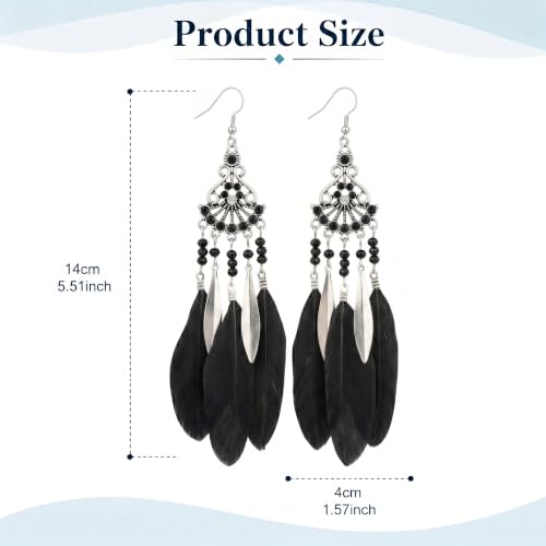 FRESHME Feather Earrings for Women - Native American Jewelry Boho Dangle Ethnic Indian Ear Drop for Music Festival Birthday - color: Black
