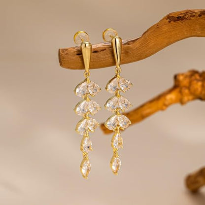 Dangle Earrings for Women - 14K Gold/White Gold/Rose Gold Plated Butterfly Heart Star Hoop Chain Long Tassel Cubic Zirconia CZ Dangle Earrings - color: Gold Leaf Dangle