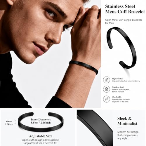 Stainless Steel Mens Cuff Bracelet-Open Metal Cuff Bangle Bracelets for Men,Mens Bracelet Jewelry Gift - color: black