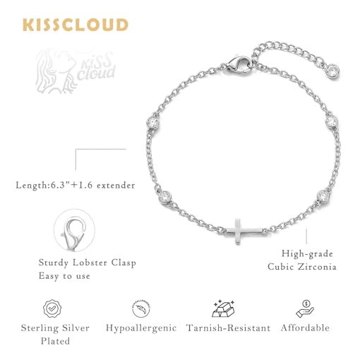 Bracelets for Women, Dainty Gold Silver Ring Bracelet Hand Chain | Cubic Zirconia Pearl Charms, 14K Gold Plated, Adjustable Fit, Trendy Stackable Link Chain, Waterproof Jewelry, Gift for Her - color: Silver-cross cz bracelet