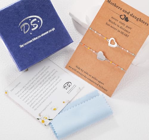 DS Mother Daughter Matching Bracelets,Adjustable Stainless Steel Gift Set | mother’s Day & Birthday Gift Box,Heart Charm,Mommy & Me Style,18K Gold Plated,Hypoallergenic,Daily Wear,Fits Women Teen Girls - color: Silver-2
