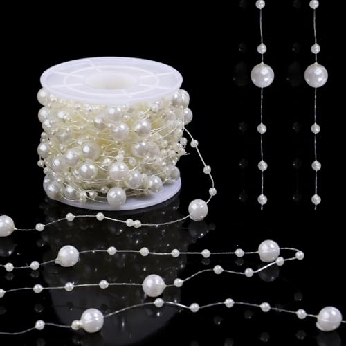 Pearls String Beads 33 Feet Crafts Faux Pearl Roll for Christmas Garland Flowers Wedding Party Jewelry Decoration(Ivory) - color: Ivory, size: 8mm and 3mm mixed