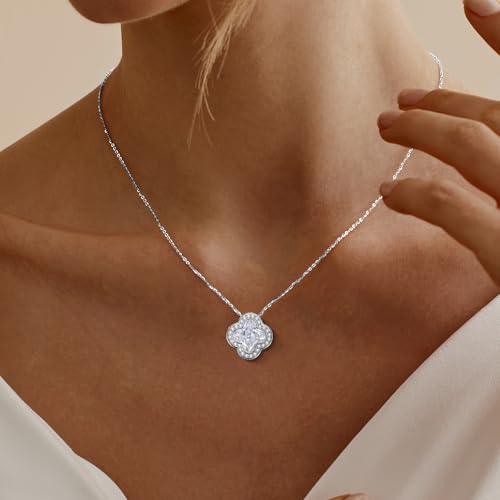 14K Gold Plated | 14K Platinum Plated Necklace for Women Necklace Earrings Set with Sparkling Zircon Inlay and Silver Post Earrings - color: Simple smooth clover flower set silver