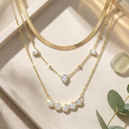Coolkin 3 PCS Women Gifts Layered Gold Necklace for Women,14K Gold Plated Dainty CZ Pendant Layering Gold Necklaces Set Chain Choker Cubic Zirconia Necklace Trendy Jewelry Gifts - style: Circular CZ