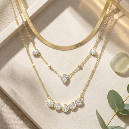 Coolkin 3 PCS Women Gifts Layered Gold Necklace for Women,14K Gold Plated Dainty CZ Pendant Layering Gold Necklaces Set Chain Choker Cubic Zirconia Necklace Trendy Jewelry Gifts - style: Circular CZ