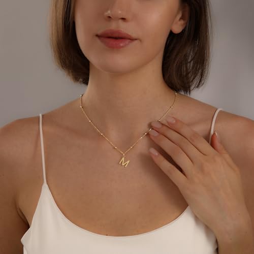 Initial Necklace for Women 14K Gold Silver Dainty Letter Necklace | Personalized Monogram Name Charm Pendant, Simple Bead Chain, Trendy Jewelry Gift, Non Tarnish - style: M