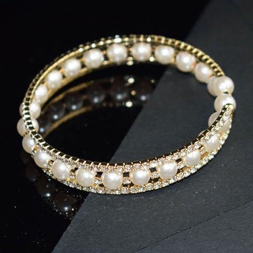Pearl Stretch Cuff Bracelet for Women Adjustable Multilaye Rhinestone Crystal Bracelet Wedding Party Brides Bridesmaid Jewelry - color: Gold Style
