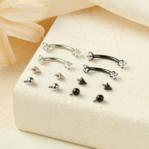 FECTAS Internal Threaded Eyebrow Rook Piercing Jewelry 16G Earrings 8/10mm Vertical Labret Lip Jewelry Curved Barbell Eyebrow Rings Tiny Small Belly Rings Ear Rook Helix Conch Daith Piercing Jewelry - color: silver&black