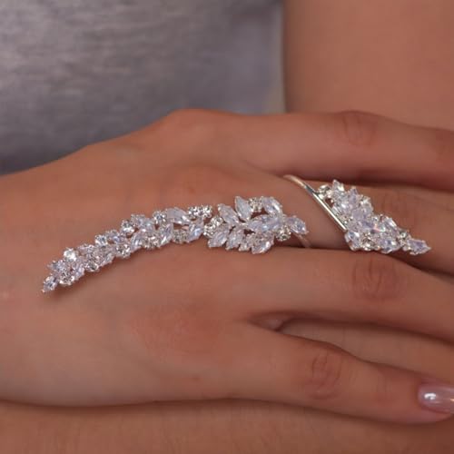 Rhinestone Finger Ring for Women Sparkly Crystal Butterfly Flower Leaf Adjustable Statement Chain Rings Punk Jewelry - color: silver leaf