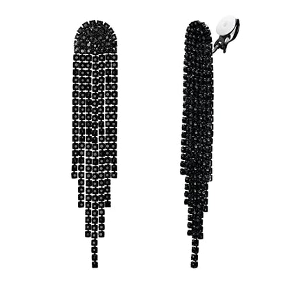 Clip-on Earrings Rhinestone Dangling for Women Fashion Long Chandelier Sparkle Crystal Tassel Dangle Drop Earring - color: Black Black-Tone