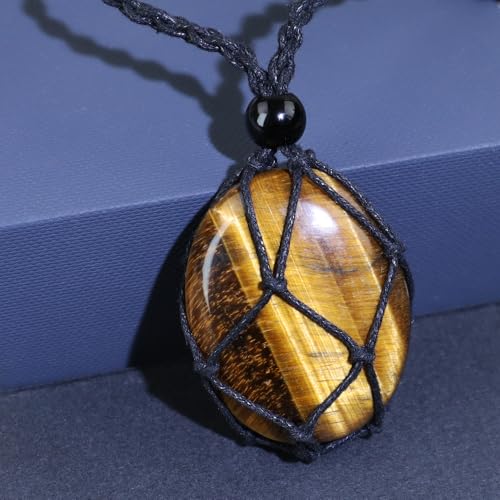 weryerker Natural Gemstone Pendant Necklace Healing Crystal Stone Pendant with Hand-Woven Rope Adjustable for Women Men - color: 1PC Tiger's Eye